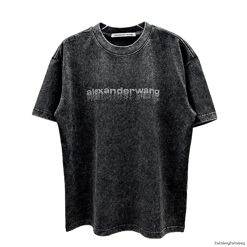 Alexander Wang Rhinestone-embellished Distressed Charcoal Black Short-sleeve T-shirt