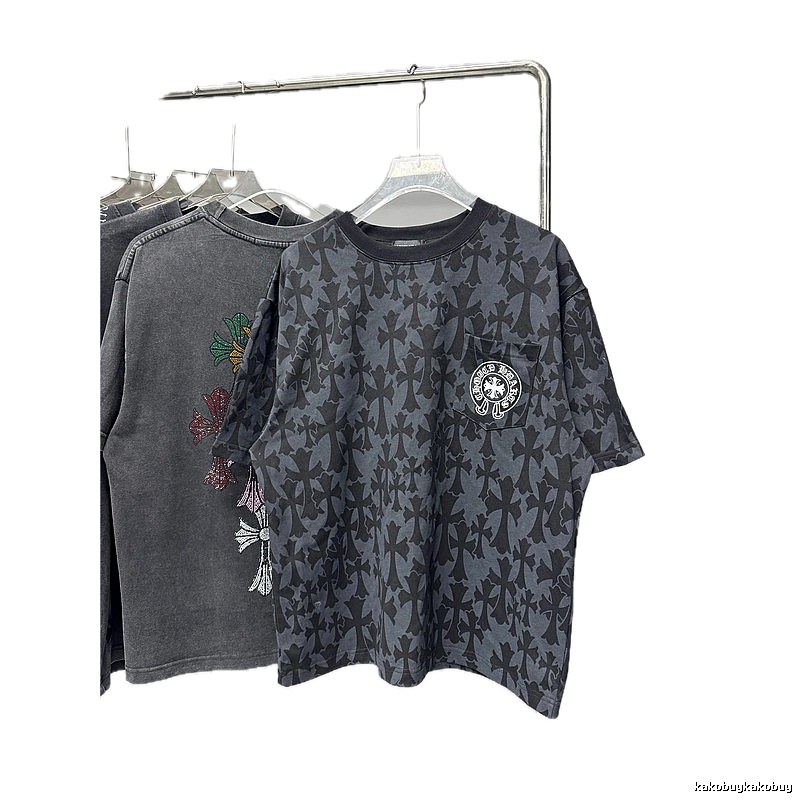 Chrome Hearts All-over Cross Print High Street Style Black and Gray T-Shirt