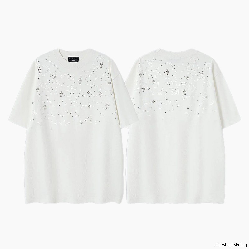 Chrome Hearts Cross Hot-Fix Rhinestone Street Style White T-Shirt