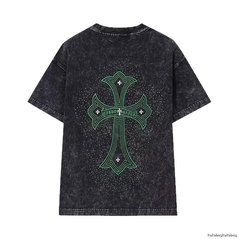 Chrome Hearts Cross Vintage Style Black and Green Short Sleeve T-Shirt