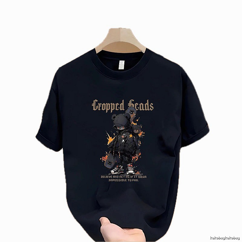 Cropped Skate Bear Street Style Navy Short Sleeve T-Shirt