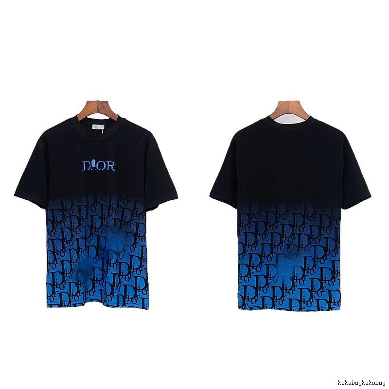 Dior Classic Monogram Trendy Style Black-Blue Gradient T-Shirt
