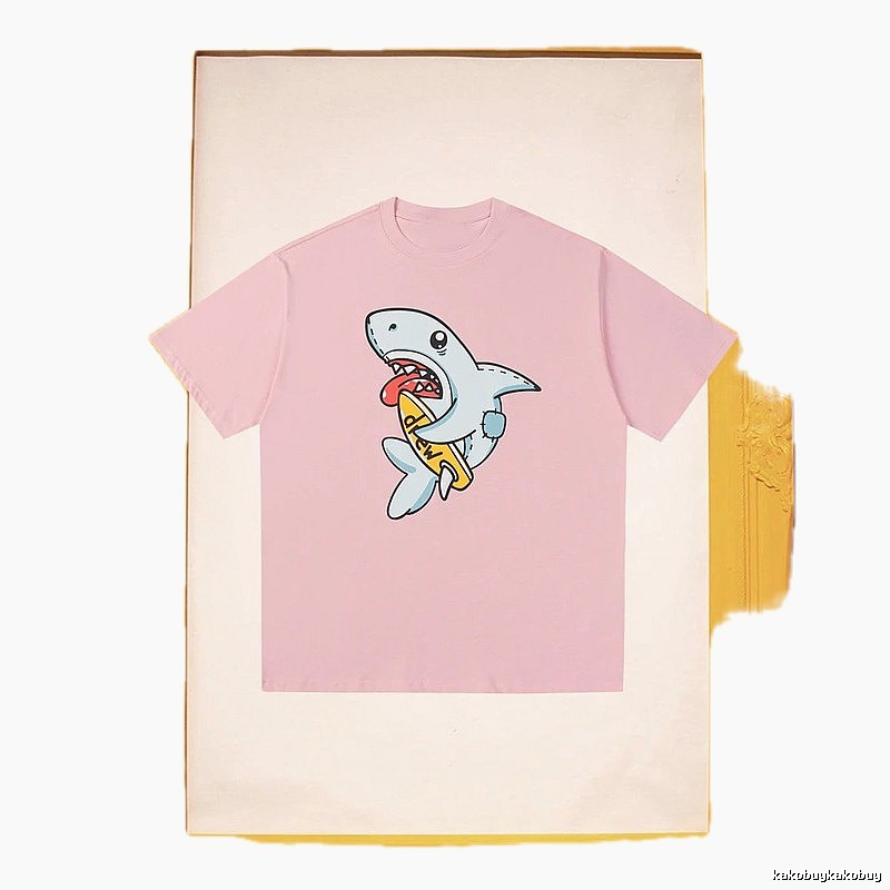 DREW Cartoon Shark Street Style Pink Short-sleeve T-shirt