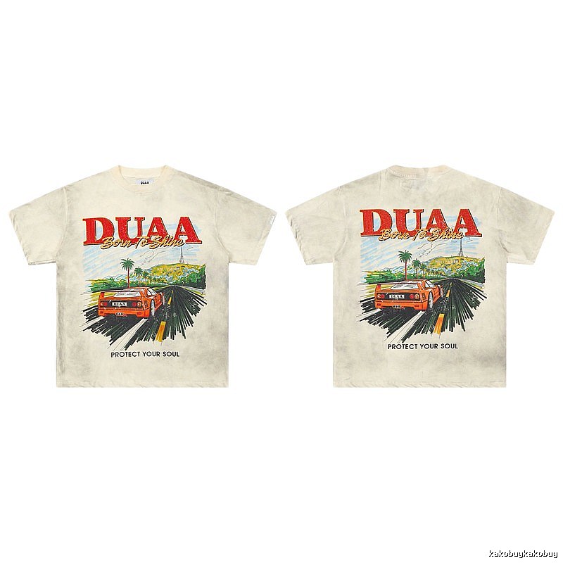 DUAA Sports Car Print American Retro Off-white Short Sleeve T-Shirt