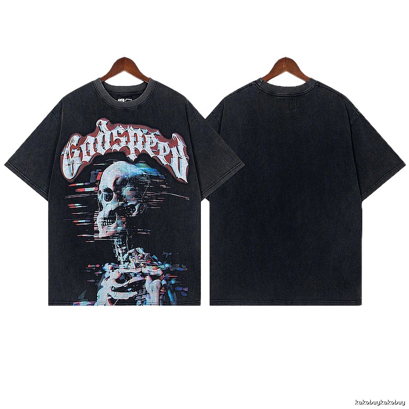 Godspeed Skull Print Street Style Distressed Black T-Shirt