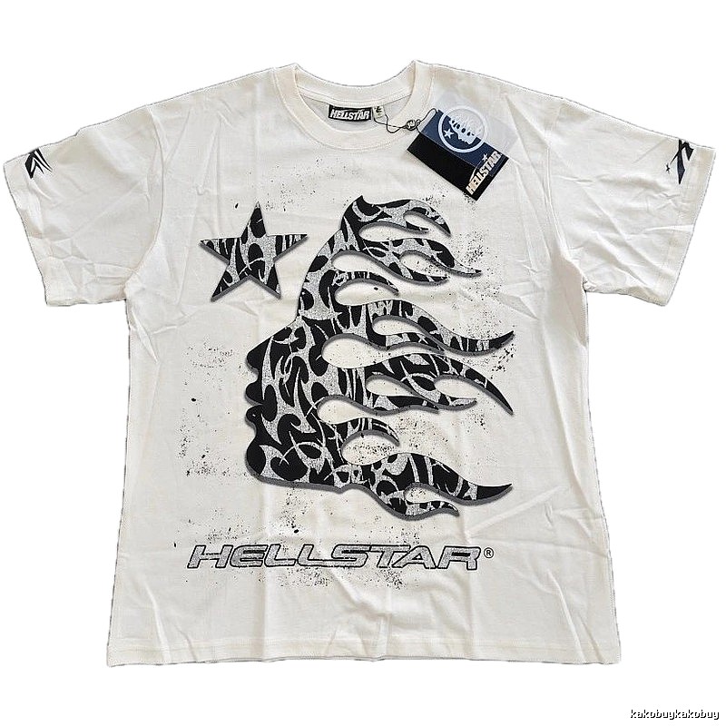 Hellstar Flame Print Street-style Off-white T-shirt