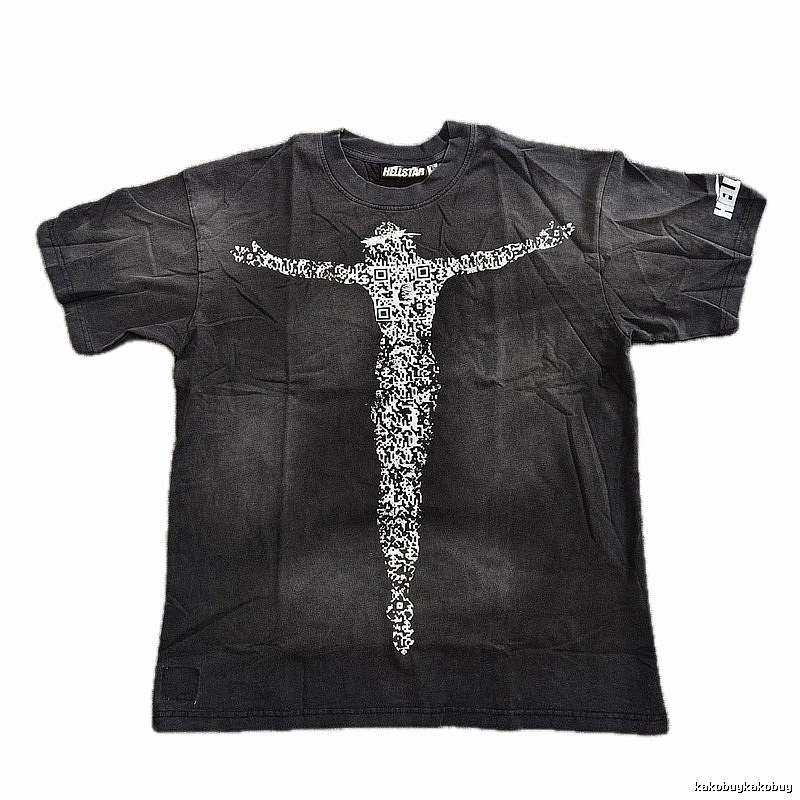 Hellstar QR Code Jesus Street Style Distressed Black T-Shirt