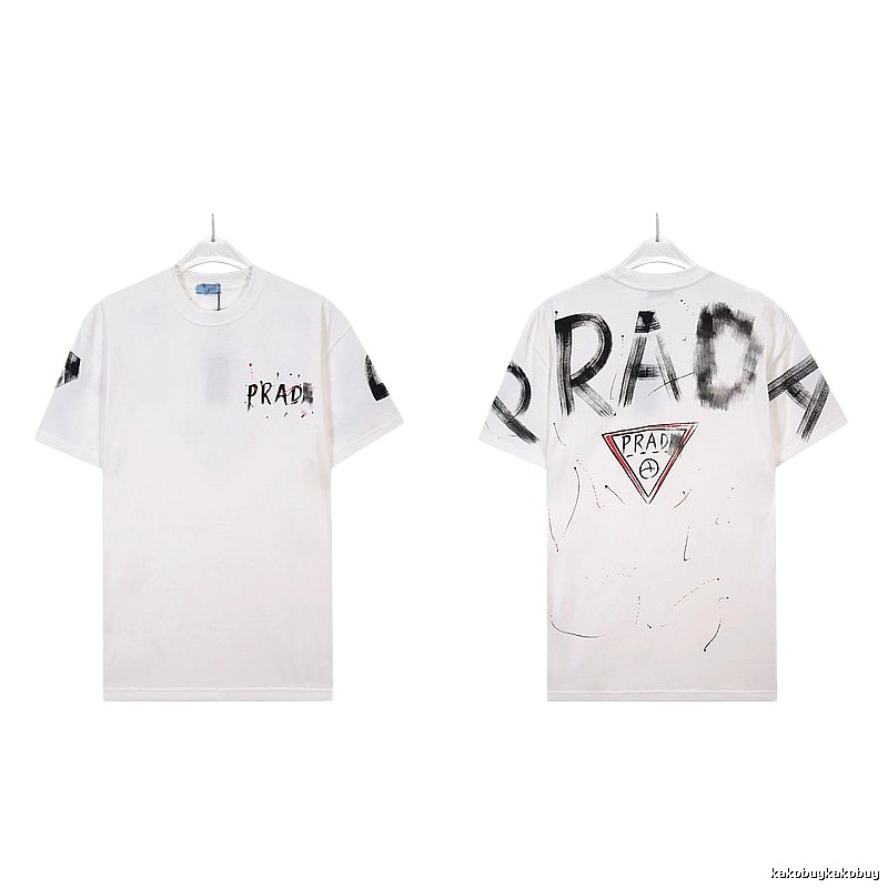 Prada Triangle Logo Graffiti Street Style White Short-sleeve T-shirt