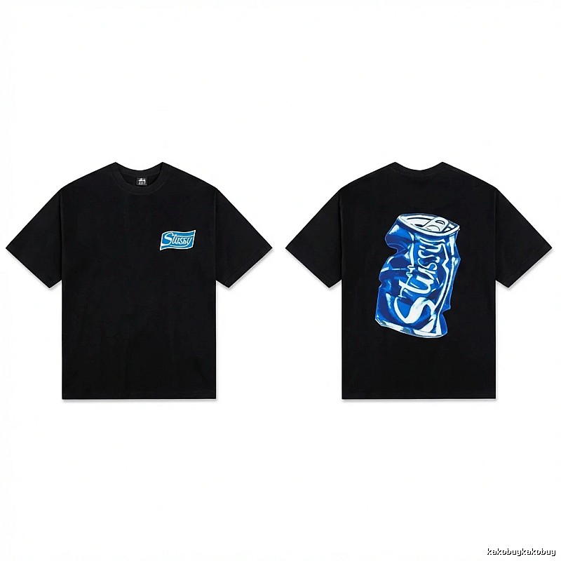 Stussy's black T-shirt with a can-style design