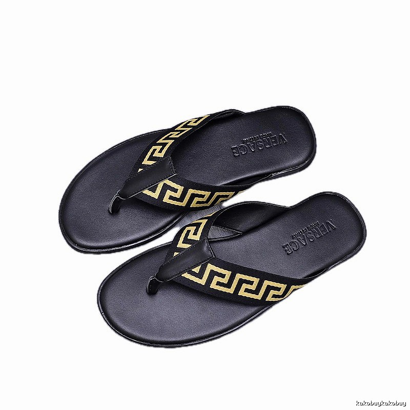 Versace Edgy Black & Gold Greek Key Flip-Flops